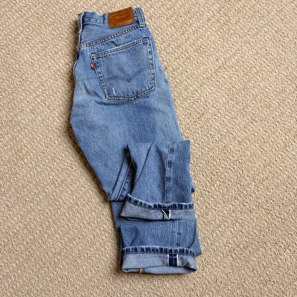 Levis 501 Selvedge Skinny Distressed High Rise Jeans Medium Wash W25 L26